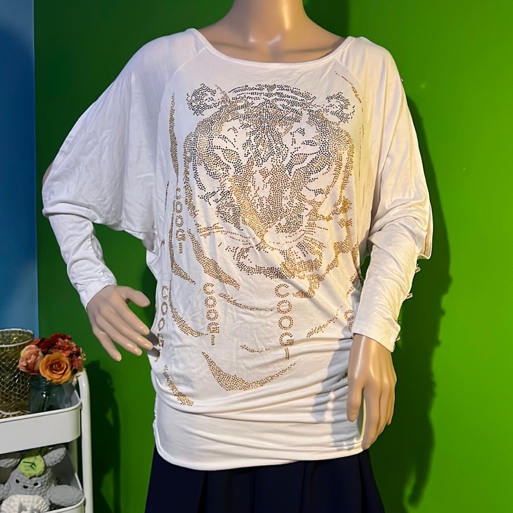 NWT $99 COOGI | Y2K | Rhinestone Studded Tiger Top | Shirred Sides in White